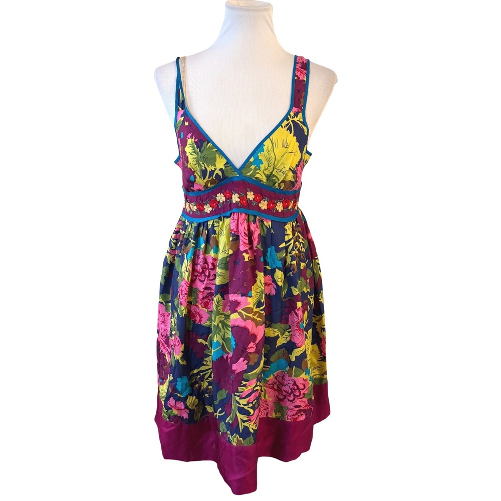 Fei Anthropologie Silk Dress Women Medium Multi Color Floral Empire Waist Boho